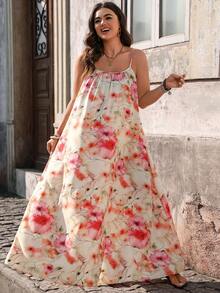 Breezaya 大码女式宽松碎花无袖连衣裙，度假款 - 杏色 - 查看 5