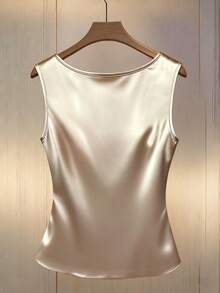 Franclia Canotta in raso aderente elegante con scollo drappeggiato e pieghe, senza maniche, top drappeggiato da donna, top elegante da abito in raso - Albicocca - Visualizzare 2