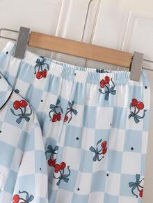 Girls Floral Bubble Plaid Print Lapel Cardigan & Pants Casual Lightweight Outfit, Spring/Summer Loungewear - Multicolor - View 5