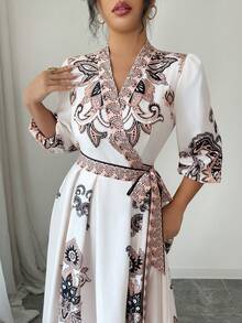 Elenzga Paisley Print Tie-Up Wrap Long Elegant Dress - Apricot - View 5