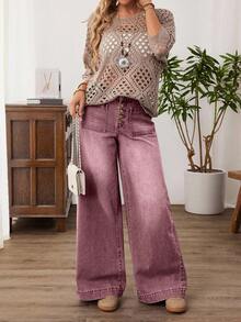 EMERY ROSE Plus Size Women Casual Vacation Daily Commute Fashion Street Button Fly Washed Loose Wide Leg Jeans - Dusty Pink - View 11