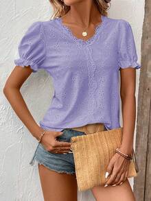 EMERY ROSE Summer Casual Solid Color Textured Lace Trim T-Shirt - Purple - View 6