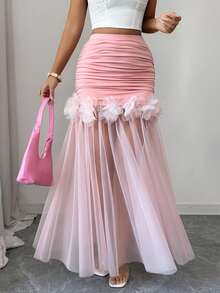 Elenzga 优雅法式浪漫西西里褶裥花卉装饰粉色喇叭中长裙，春夏款 - 粉色 - 查看 1