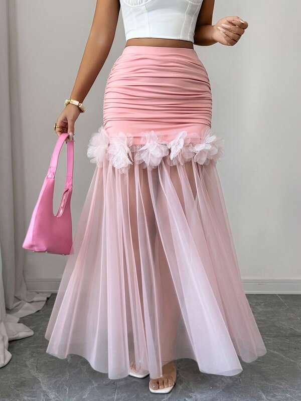 Elenzga Elegant French Romantic Sicilian Pleated Floral Decor Flared Pink Midi Skirt, Spring/Summer