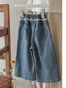 DAZY 少女弹力腰心形贴片蕾丝拼接休闲百搭日常阔腿牛仔裤 - 藍色 - 查看 5