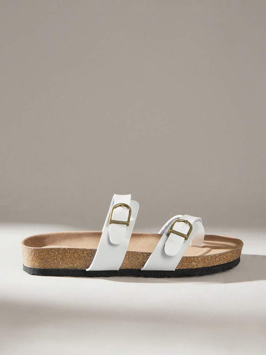 Solecia Casual Cork Sole Adjustable Buckle Sandals For Ladies - White - View 1