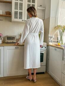 SHEIN Women's Casual Knitted Jacquard Long Cardigan Robe - White - View 2