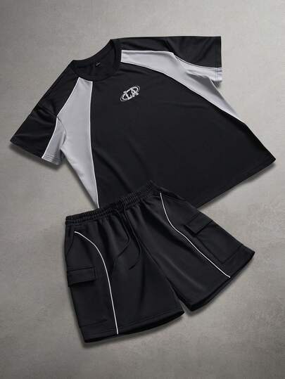 STYNVO Herrset med kortärmad t-shirt och shorts i kontrastfärg, bokstäver och broderi, sommar