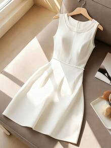 Franclia Elegant Party Mini Dress With Pearl Decor,Women's White Summer Classy Sleeveless Structured Short Dress,Spring Pearl Trim Elegant Dress - White - View 3
