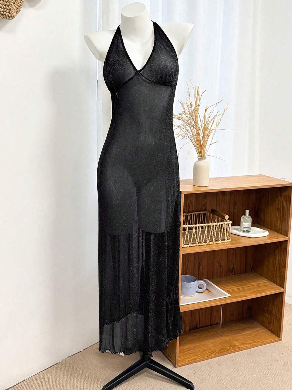 Sheer Silver Lurex Blended Mesh Deep V-Neck Open Back Sexy Nightgown Lingerie For Women