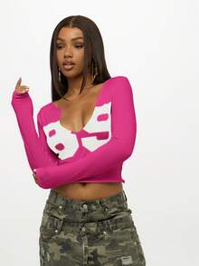 SUMWON WOMEN Number Print Crop Top Long Sleeve V Neck Fitted Casual Fashion Spring Summer Festival - Hot Pink - View 4