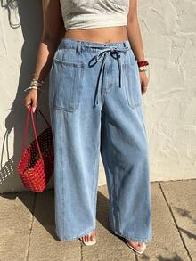 Sunnyshic 大码女式休闲宽松复古牛仔阔腿裤 - 淺色水洗藍 - 查看 3
