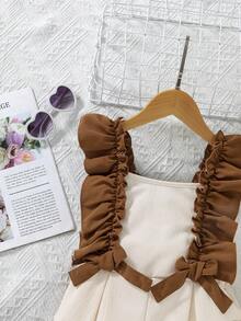 SHEIN Vintaside Kids Girls' Pastoral Vacation Ruffled Bowknot Square Collar Linen Jumpsuit,Holiday,Summer,Travel - Apricot - View 5