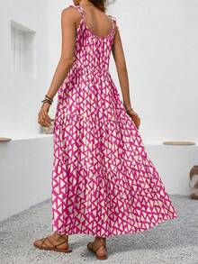 Breezaya Đầm dài không tay, cúp ngực, in họa tiết mùa hè dành cho nữ, trang phục maxi đi biển. - Màu Hồng Tươi - Xem 2