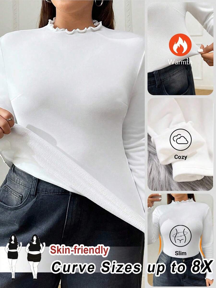 SHEIN CURVE+ 大码女式黑色高领长袖T恤,秋季基础款上衣 - 白色 - 查看 1