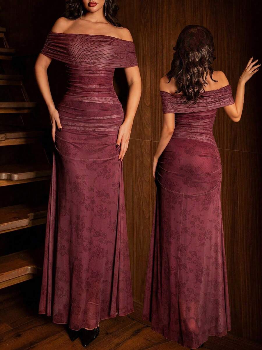 Modelyn Women's Burgundy Mesh Floral Print Off-Shoulder Ruched Waist Elegant Wedding/Occasion Dress