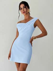 Firerie Women's Elegant Minimalist Chic Fashion Sexy Daily Commute Music Festival Vacation Asymmetric Neck Draped White A-Line Mini Dress, Spring/Summer - Baby Blue - View 3