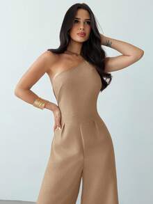 Mono de verano nuevo, elegante y minimalista de lino de color albaricoque con espalda descubierta, plisado en la cintura y piernas anchas, para vacaciones, uso diario y todas las estaciones - Albaricoque - Ver 3