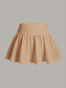 SHEIN MOD Solid Wide Waistband Ruffle Hem Black Mini Kirt - Khaki - View 2