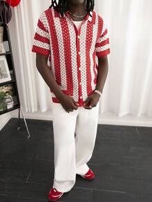 GALLERY FADE Contrast Stripe Hollow-Out Button Front Knit Sweater, Short Sleeve - Red - View 4
