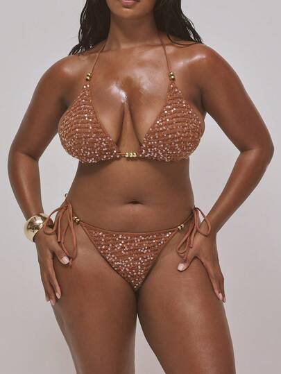 MUSERA Plus Size Beaded Sequin Crochet Tie Side Bikini Bottoms Only Spring Summer Easter Cute Holiday Vacation Swim Ibiza Beach Sexy