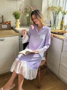Snug Reverie Camisón de mujer con bolsillo, bordado romántico de lazo y ribete de volantes en contraste de color - Lila Púrpura - Ver 5