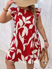 SHEIN VCAY Gaun Liburan Kasual Musim Panas Ukuran Besar dengan Motif Daun dan Hem Berkerut, Gaun Musim Panas - Merah - View 5