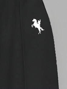 SHEIN ChillGRL 2 件套青少年女孩休闲马匹印花圆领短款运动衫和运动裤套装，舒适温暖，适合秋冬