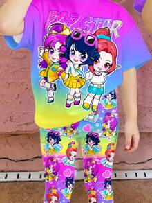 SHEIN طقم تي شيرت بياقة مستديرة وأكمام قصيرة وبنطلون مطبوع برسوم كرتونية للفتيات الصغيرات - متعدد الألوان - مشاهدة 6