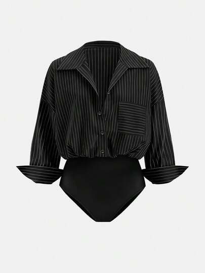 Airaco Macacão Casual Listrado de Manga Longa e Ombros Caídos para Mulheres Plus Size, Ideal para o Dia a Dia e Trabalho, Primavera/Outono