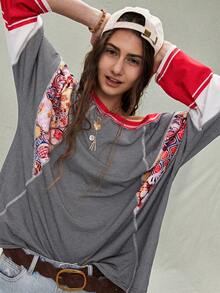 SoleilVie 女士条纹拼接花卉印花七分袖卫衣长袖上衣嬉皮风上衣70年代风格上衣牛仔上衣春夏夏季夏季假期女士情人节狂欢节服装女士狂欢节服装沙滩装女士休闲女士图案T恤女士红色上衣女士休闲音乐节，采用复古拼接元素，是休闲购物的完美之选 - 彩色 - 查看 6