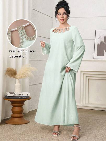 Al Najma Women's Elegant Contrast Lace Pearl Decor Hollow Out Flare Sleeve Loose Turkish Maxi Dress