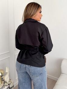 Maria Perezxox 女式卡其色短款休闲宽松夹克（配腰带）、秋季外套、秋季大衣、秋装、邮轮女装、返校装 - 黑色 - 查看 2