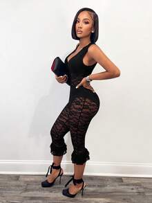 BamGleam 女士性感透视蕾丝深V领连体裤 - 黑色 - 查看 2