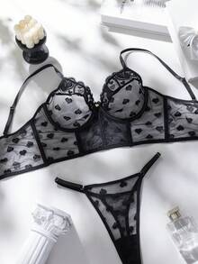 Valentine's Day Heart Mesh & Lace Underwire Bra With Matching Thong Panty Set