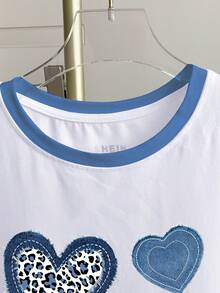 Resyla Camiseta de manga corta con cuello redondo, estampado de letras y corazones con ribete de contraste para mujer - Blanco - Ver 3
