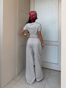 Flirla 2 pièces/Set T-shirt à manches courtes et pantalon de survêtement de couleur unie pour femmes, printemps/été - Gris - Voir 3