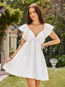 KARISMINA Vestido curto feminino de cor sólida com decote em V e mangas flare, para primavera/verão. - Branco - Ver 6
