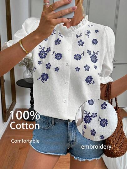 SHEIN LUNE Plus Size Women Floral Embroidery Short Puff Sleeve Single-Breasted Casual Shirt Ruffle Neck Cotton Blouse Floral Embroidered Top 100 Cotton Tops White Top White Shirt White Blouse