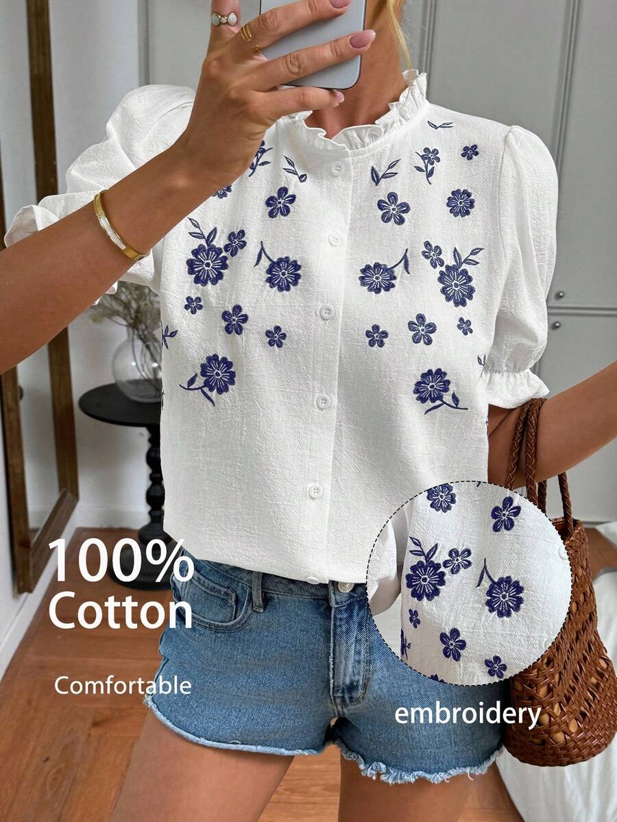 SHEIN LUNE Plus Size Women Floral Embroidery Short Puff Sleeve Single-Breasted Casual Shirt Ruffle Neck Cotton Blouse Floral Embroidered Top 100 Cotton Tops White Top White Shirt White Blouse - Multicolor - View 1