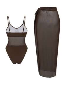 Swim Oasis Coffee One-Piece Swimsuit With Tie-Up Mesh Maxi Skirt, Mesh Patchwork Spaghetti Strap 2 Piece Bathing Suit,Summer Cute Beach Holiday - Multicolor - View 6