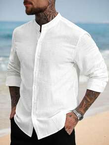 Ventusail 男士休闲纯色长袖衬衫男士白色亚麻衬衫男士白色休闲衬衫男士纹理衬衫纯棉男士衬衫，男士白衬衫，男士夏季，秋季，老钱风格 - 白色 - 查看 2
