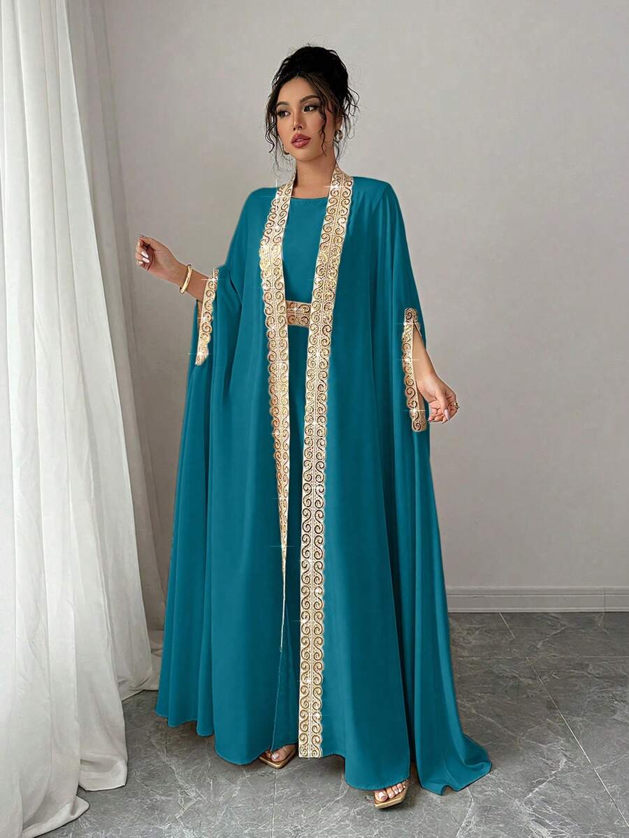 SHEIN Raffinéa Women's Elegant 2 Pieces Set: Ribbon Trim Batwing Sleeve Robe And Sleeveless Dress - Blue - View 1