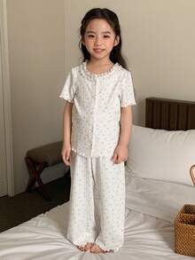DAZY 女童碎花蕾丝荷叶边短袖上衣和阔腿裤睡衣套装，春夏秋季 - 白色 - 查看 3