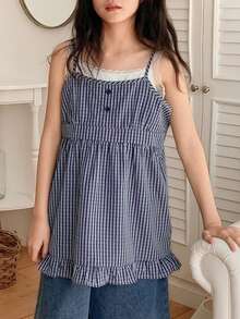 DAZY Tween Girls Woven Striped Contrast Lace Camisole Summer - Blue - View 5