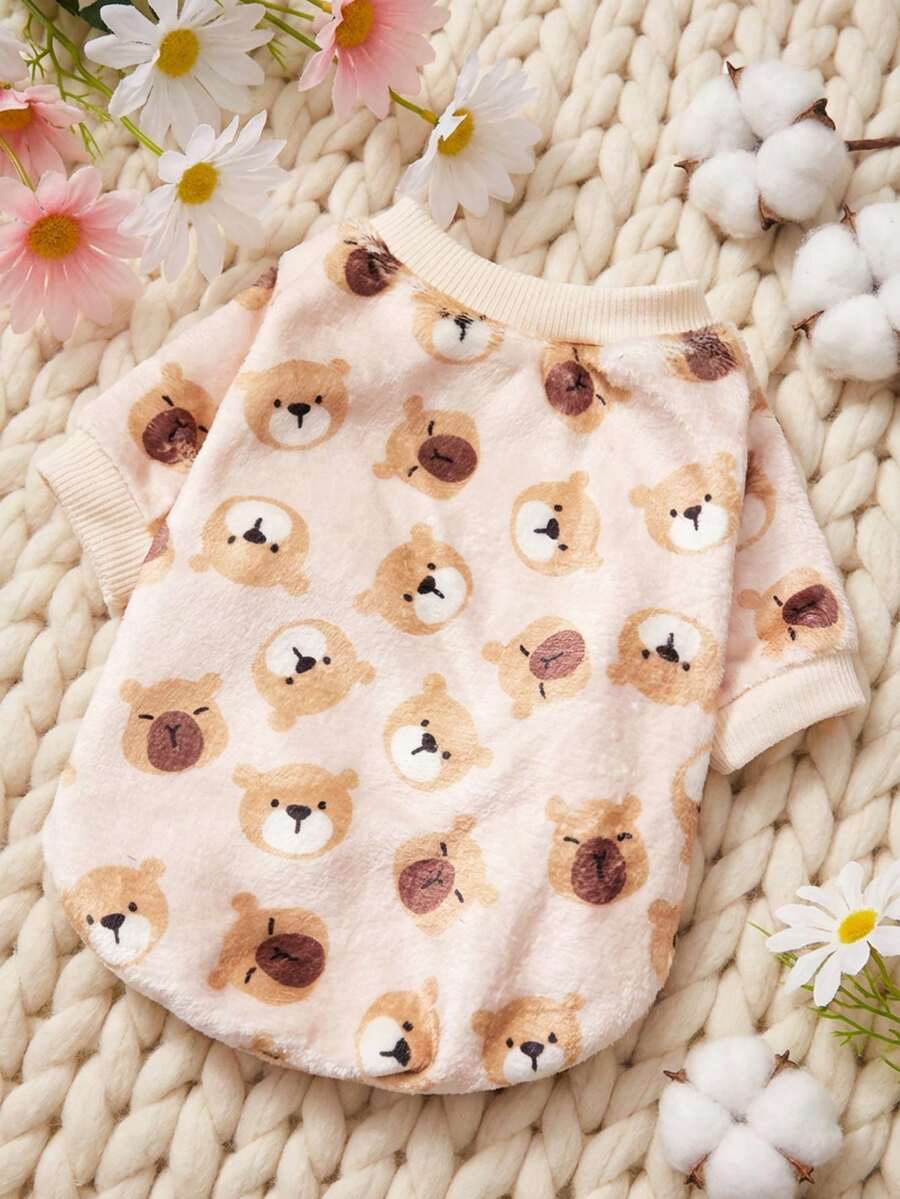 PETSIN 1件印花棕色泰迪熊法兰绒卫衣，厚实保暖，适合宠物秋冬季穿着 - 彩色 - 查看 1