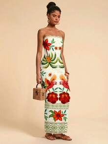 Travachic 休闲简约度假风热带雨林鹦鹉元素几何图案印花连衣裙，适合春夏度假穿着 - 彩色 - 查看 4