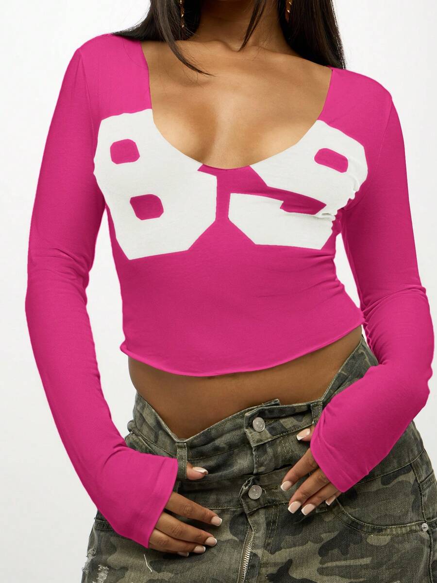 SUMWON WOMEN Number Print Crop Top Long Sleeve V Neck Fitted Casual Fashion Spring Summer Festival - Hot Pink - View 1