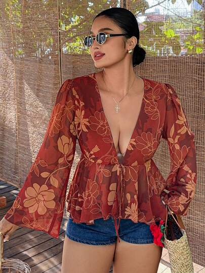 Dazy Plus Floral Print Deep V-Neck Chiffon Cropped Tie-Front Long Sleeve Flare Sleeve Vacation Style Shirt, Red