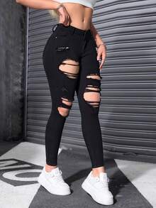 Flexra Women's Pocket Button Decor Casual Versatile Daily Wear Denim Jeans - Black - View 5